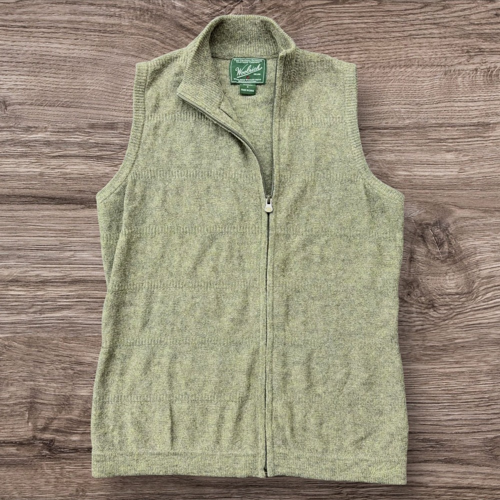 Woolrich Womens Merino Wool Full Zip Sweater Vest Shale Heather Green 9665 Small